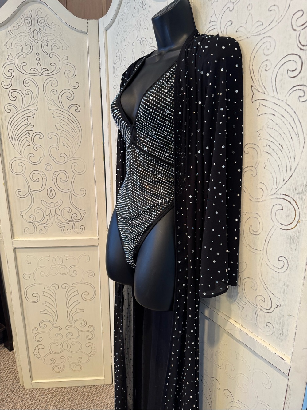 Black Rhinestone Bodysuit with Matching Duster